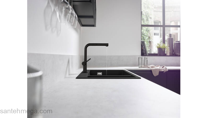 Кухонный смеситель однорычажный, 270, с вытяжным изливом, 1jet, sBox Hansgrohe 72809670, матовый черный. Фото